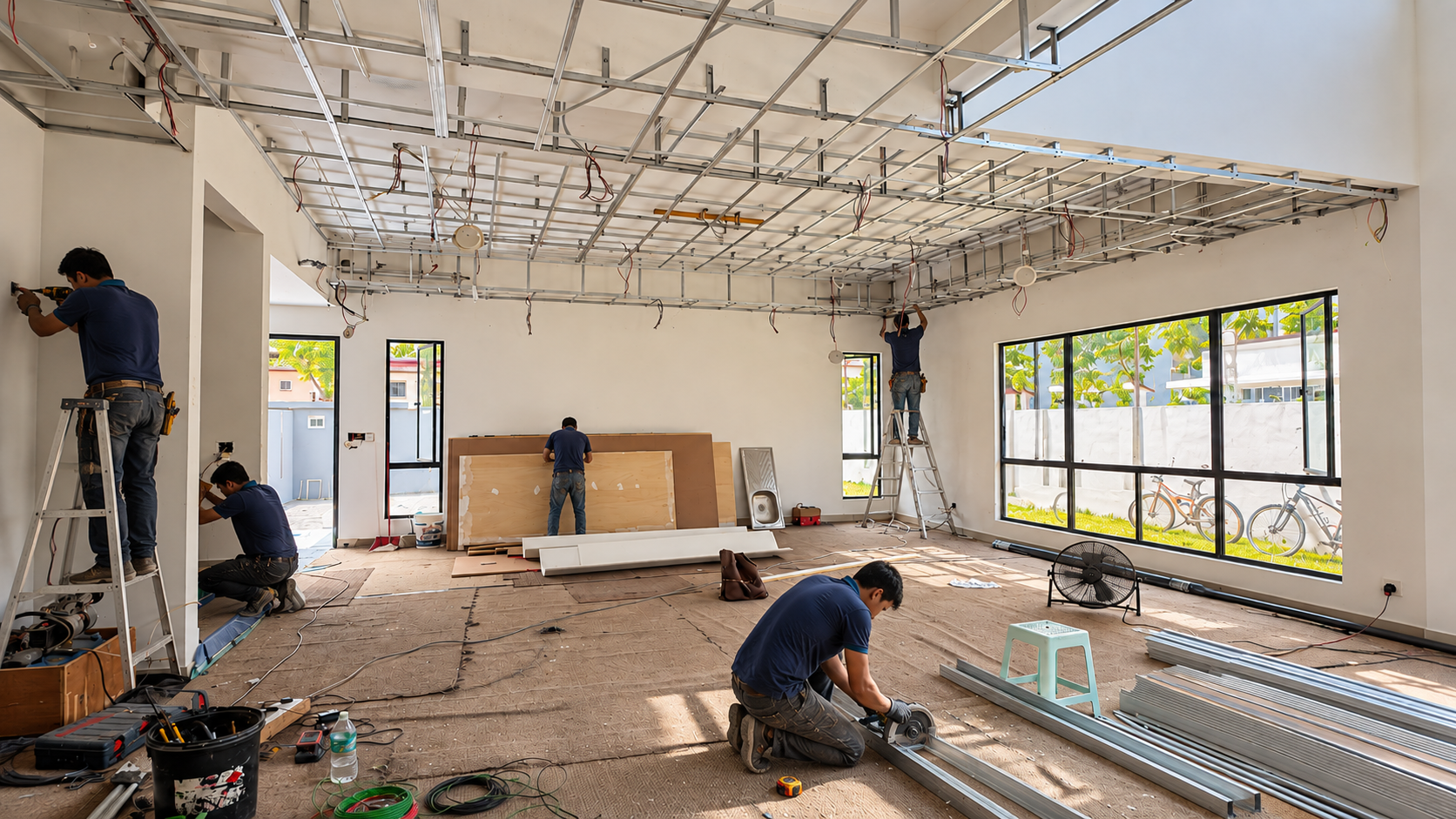 Renovation team installing ceiling framework and finishing a residential interior