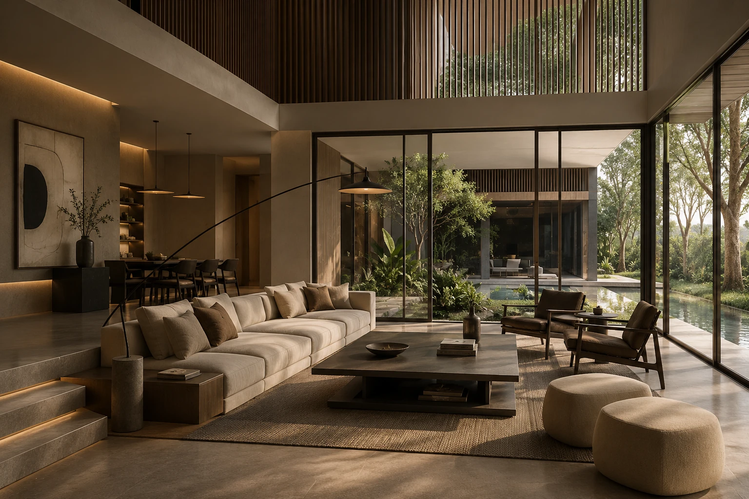 Novel Interior living room with warm timber, soft seating and city views