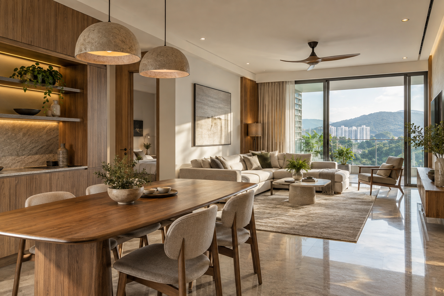 Completed warm timber living and dining interior