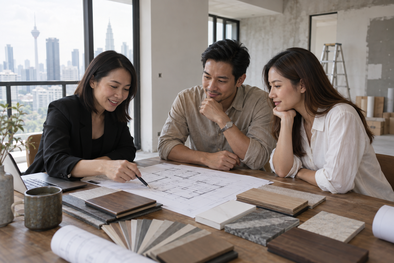 Interior designer consulting with homeowners over floor plans and material samples