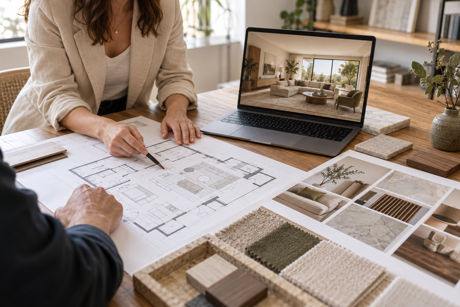 Interior design proposal with floor plans, materials and a living room concept on screen
