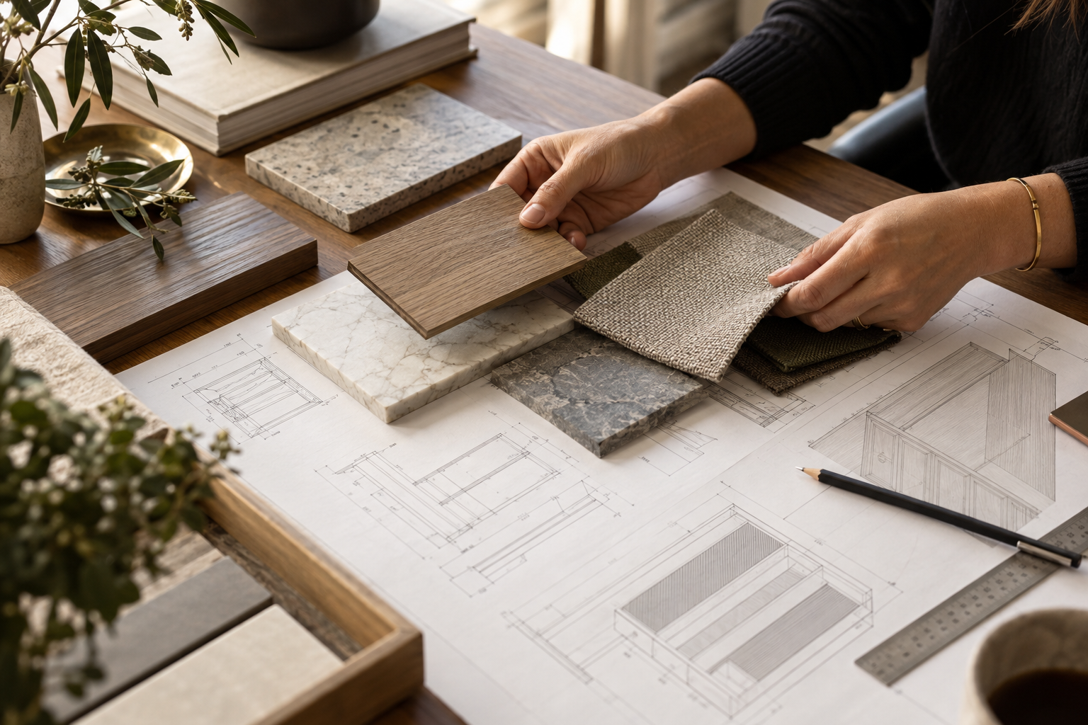 Designer refining a joinery plan alongside timber, stone and fabric samples
